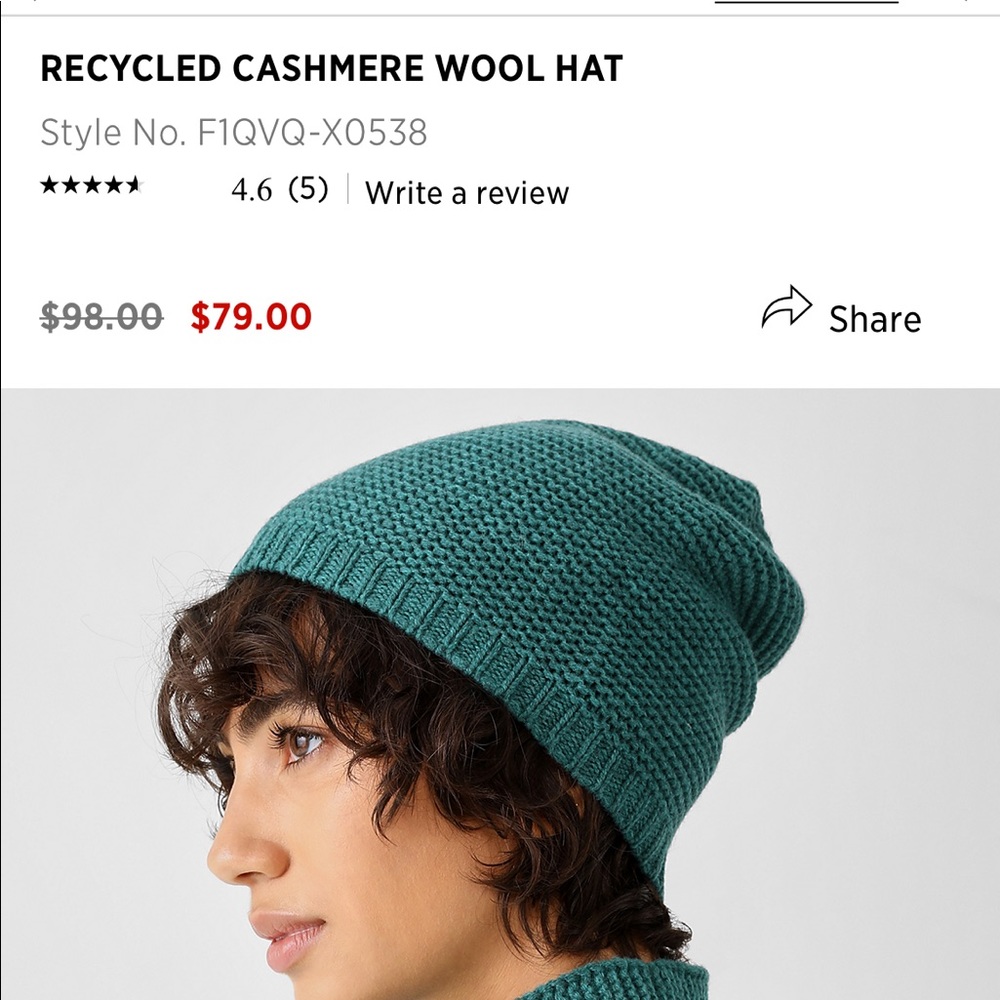 NWT Eileen Fisher teal cashmere wool hat